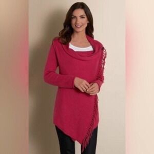 Soft Surroundings Fringe Edge Asymmetrical Wrap Cowl Neck Cardigan Sweater Sz XS
